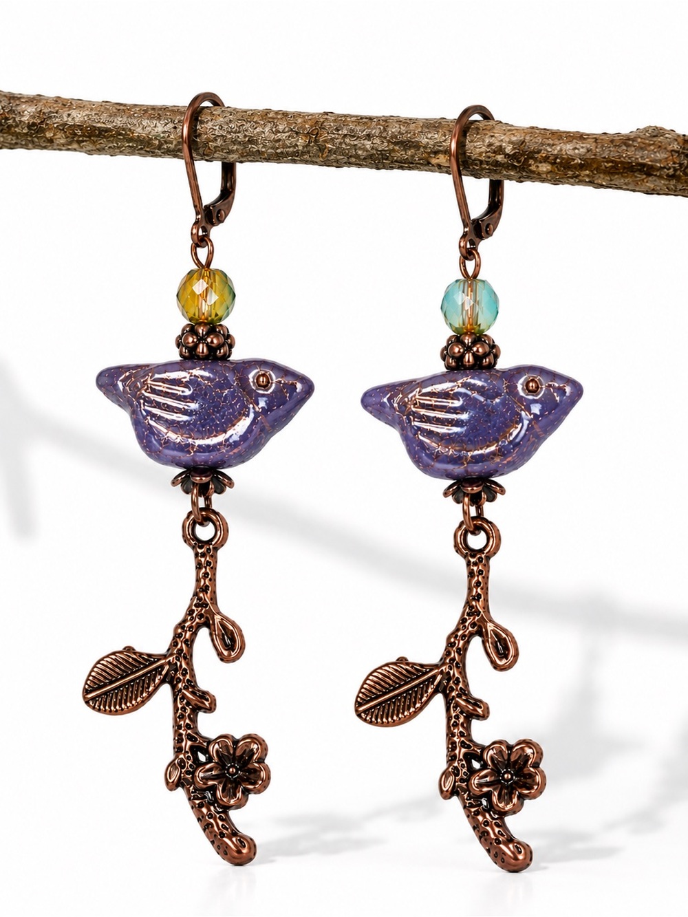 Woodland Bird Earrings Czech Glass Lavender Birds Antique Copper Dangles